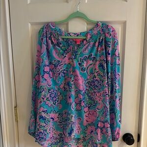 Lilly Pulitzer Blue and Pink Relaxed Graphic Blouse